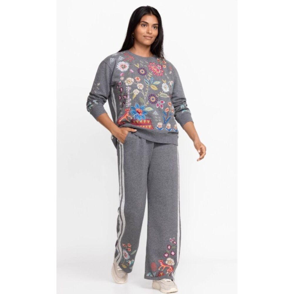 Johnny Was Griffin Wide Leg Ribbon Pant in Embroidered Grey Marled size Small - Picture 2 of 16